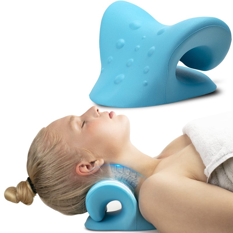iBYWM Neck Stretcher Cervical Traction FSA HSA Eligible Neck and Shoulder Relaxer for Pain Relief Ergonomic Neck Pillow Neck Hump Corrector Cervical Spine Alignment Neck Curve Corrector Light Blue 
