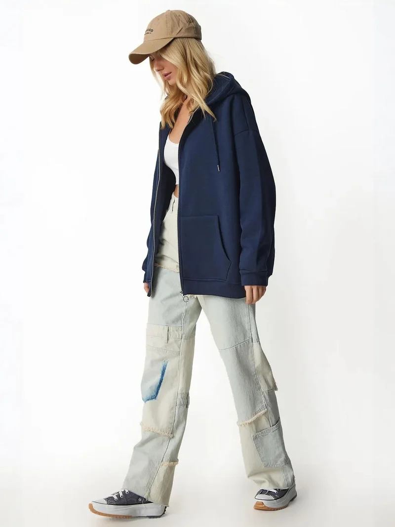 Happiness İstanbul ISTANBUL Oversized Hooded Zip-Up Sweatshirt with Pockets
