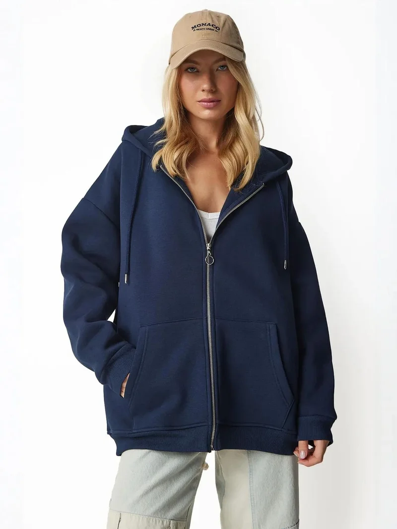 Happiness İstanbul ISTANBUL Oversized Hooded Zip-Up Sweatshirt with Pockets