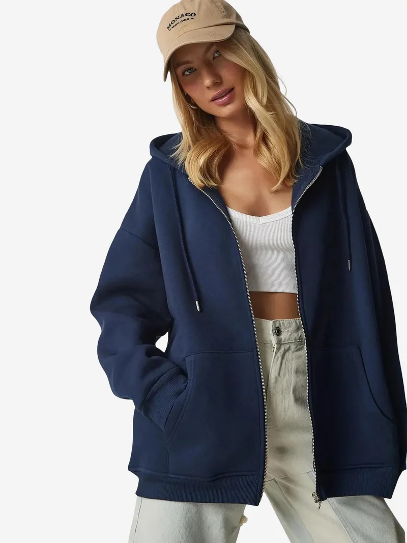 Happiness İstanbul ISTANBUL Oversized Hooded Zip-Up Sweatshirt with Pockets
