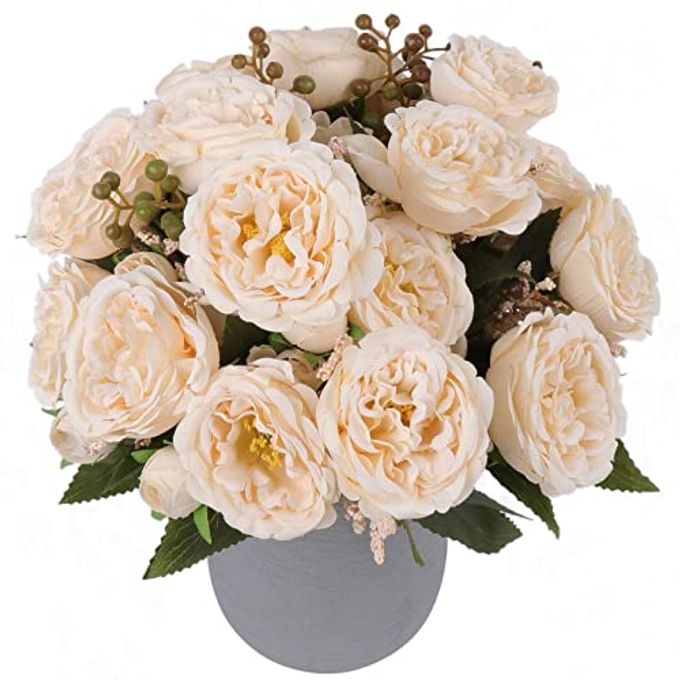 ARTIFICIAL PEONIES SILK FLOWERS BEIGE FAUX PEONY BOUQUET 4 BUNDLES FLORALS ARRANGEMENTS DECOR FOR FARMHOUSE HOME BOHO WEDDING TABLE CENTERPIECE FAKE PLASTIC FLOWERS BULK FOR VASE DECORATION BEIGE
