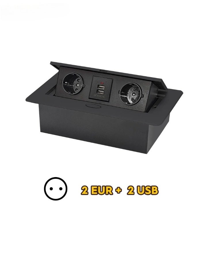 AROAQ Retractable Installation Socket Strip, Strong Durable Built In Three Way Table Socket, Flame Retardant All Aluminum Panel Hidden Type Table Socket, (2EUR Plus 2USB, Black)  - Image 1