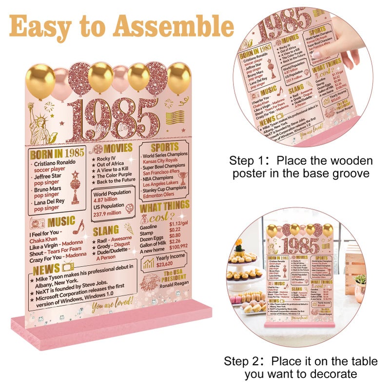 Guiruiy Pink Rose Gold 40Th Birthday Decorations For Women  Two-Sided Vintage 40 Back In 1985 Theme Poster Wooden Table Sign With Stand  Forty Years Old Bday Centerpieces Holder For Table Decor - Image 3