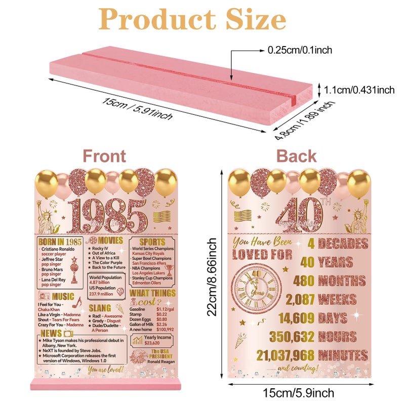 Guiruiy Pink Rose Gold 40Th Birthday Decorations For Women  Two-Sided Vintage 40 Back In 1985 Theme Poster Wooden Table Sign With Stand  Forty Years Old Bday Centerpieces Holder For Table Decor - Image 2