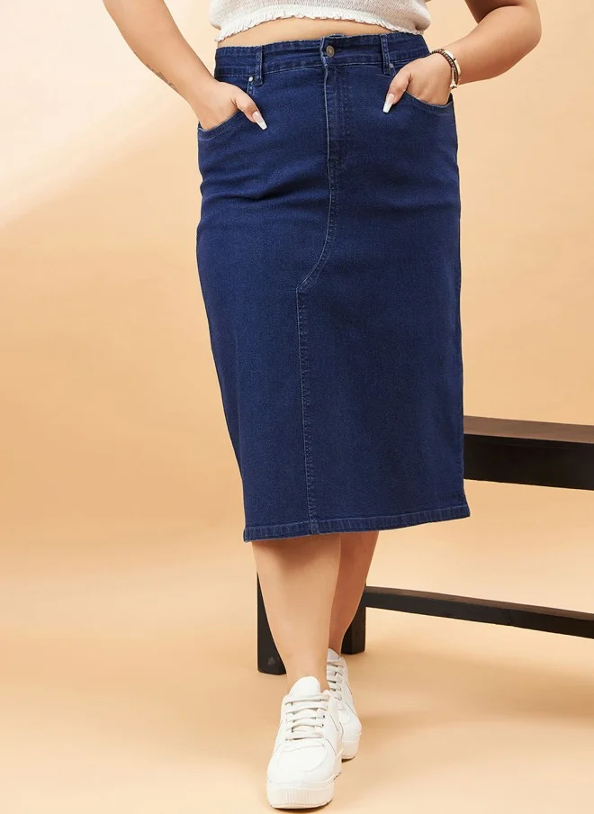 SASSAFRAS Navy Blue A-Line Midi Skirt for Women