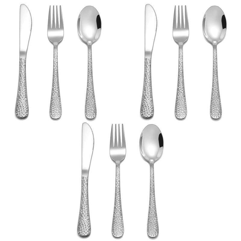 Joyfair Kids Cutlery Set 9Piece Stainless Steel Children Utensils Set Hammered Toddler Flatware Silverware Include 3 Forks 3 Spoons 3 Safe Knives Small Size  Healthy Dishwasher Safe