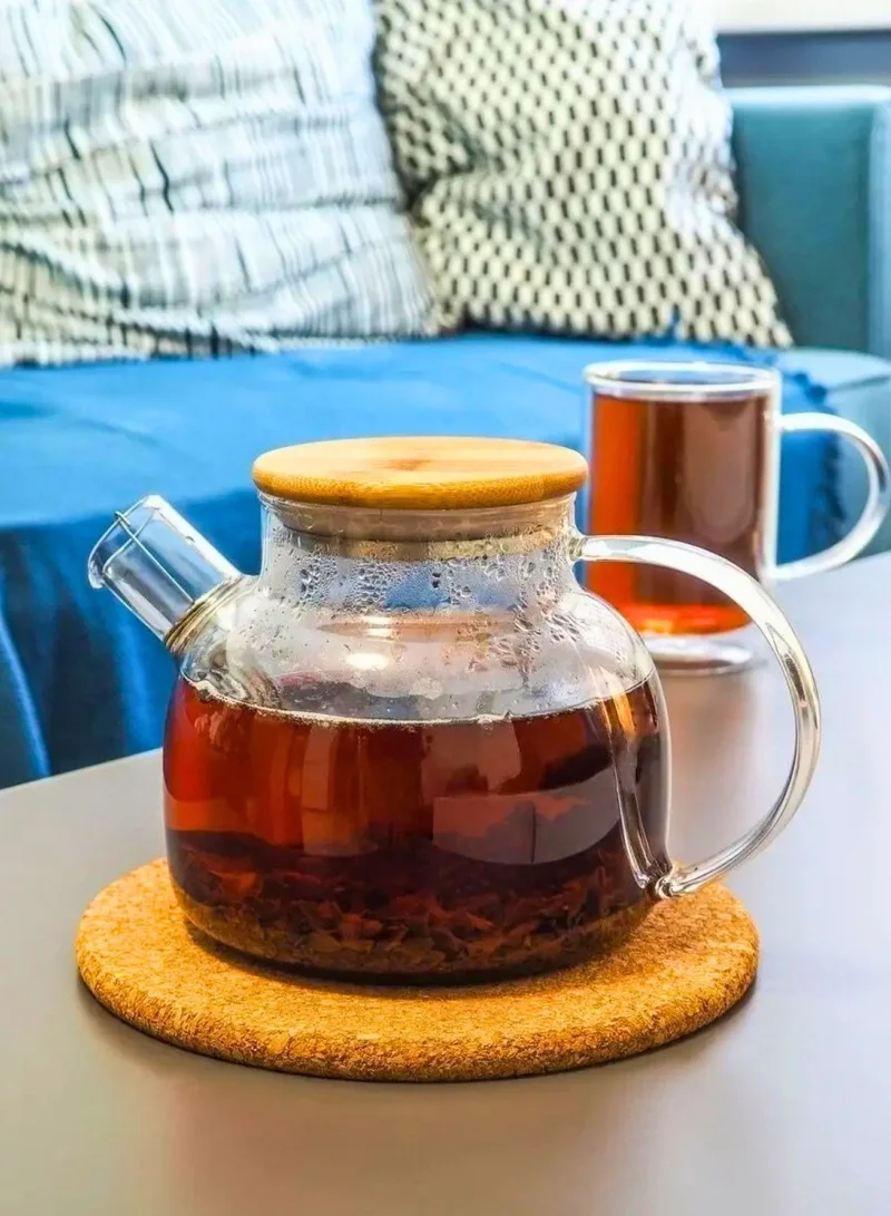 1Chase Elegant Glass Teapot – 1000ML Clear Borosilicate with Stainless Steel Infuser &amp; Bamboo Lid for Herbal Tea