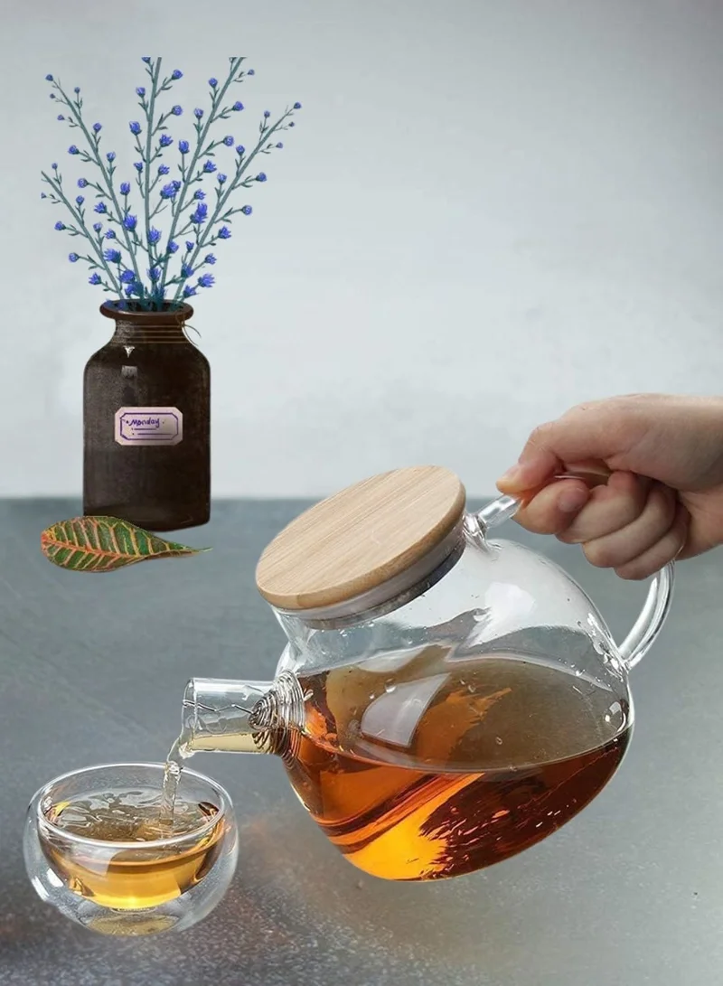 1Chase Elegant Glass Teapot – 1000ML Clear Borosilicate with Stainless Steel Infuser &amp; Bamboo Lid for Herbal Tea