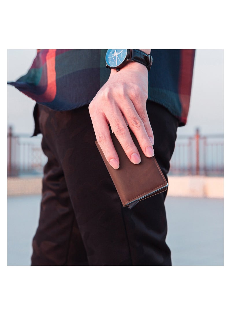 Slim RFID Blocking Credit Card Holder Vintage Leather Wallet Automatic Pop-up Case for Secure Travel - Image 4