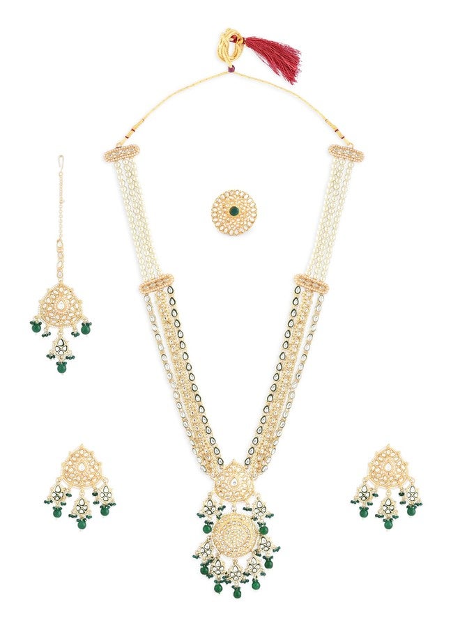 Zaveri Pearls مجموعة أقراط وقلادة زفاف من زافيري بيرلز جرين ميناكاري دازلنج كوندان ماانجتيكا وخاتم للنساء-ZPFK18675 - Image 1