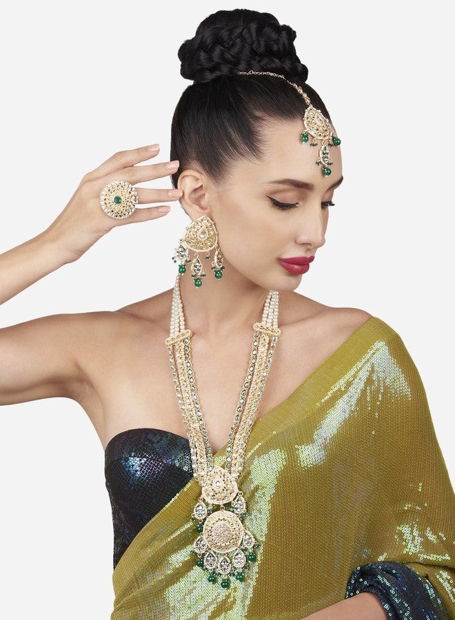 Zaveri Pearls مجموعة أقراط وقلادة زفاف من زافيري بيرلز جرين ميناكاري دازلنج كوندان ماانجتيكا وخاتم للنساء-ZPFK18675 - Image 3