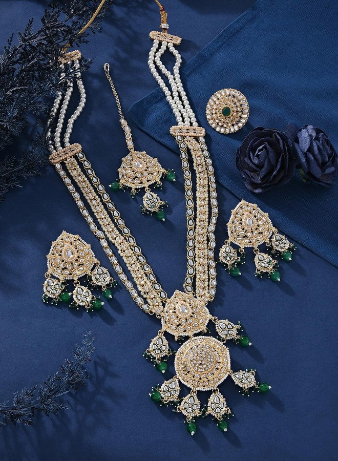 Zaveri Pearls مجموعة أقراط وقلادة زفاف من زافيري بيرلز جرين ميناكاري دازلنج كوندان ماانجتيكا وخاتم للنساء-ZPFK18675 - Image 2