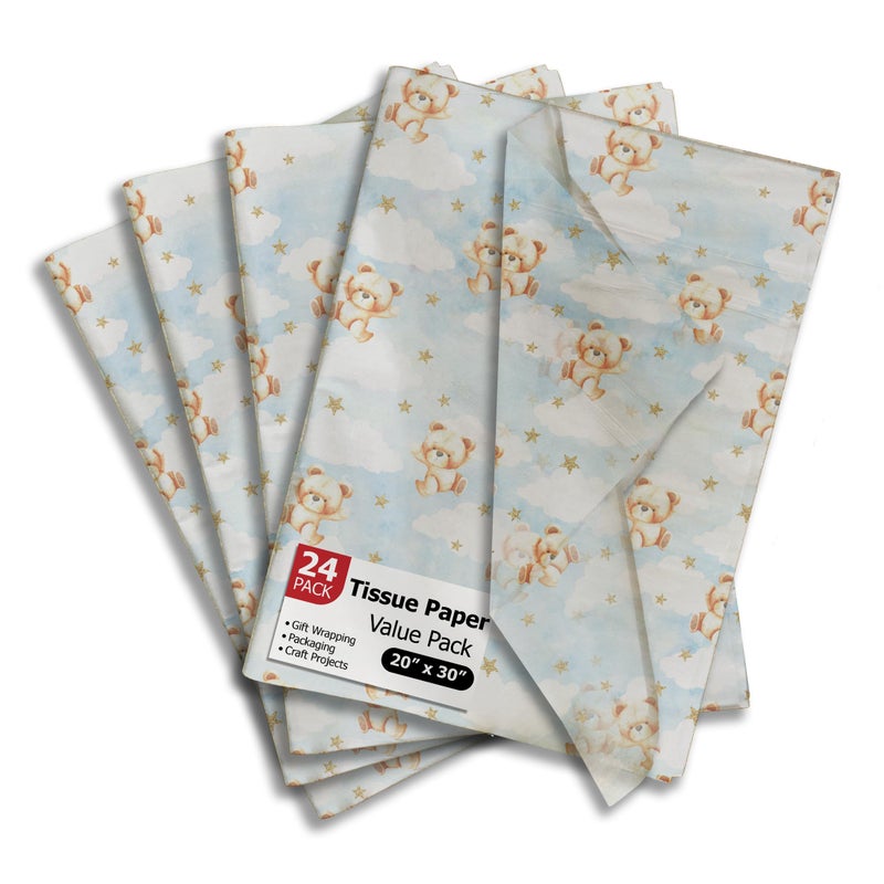 Pro Supply Global Teddy Bears Printed Tissue Paper for Gift Bags or Boxes and Wrapping - Baby Shower Bulk Decorative Art Tissue Paper for Packaging and Gifting | 24 Sheets 20" x 30" - Image 1