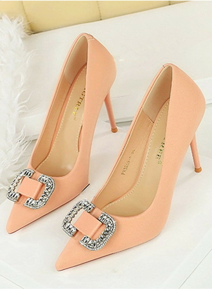 BIGTREE Women's Satin Closed Pointed Toe Stiletto Pump Rhinestone Square Buckle Decoration High Heels Light Pink 10 CM  - Image 1