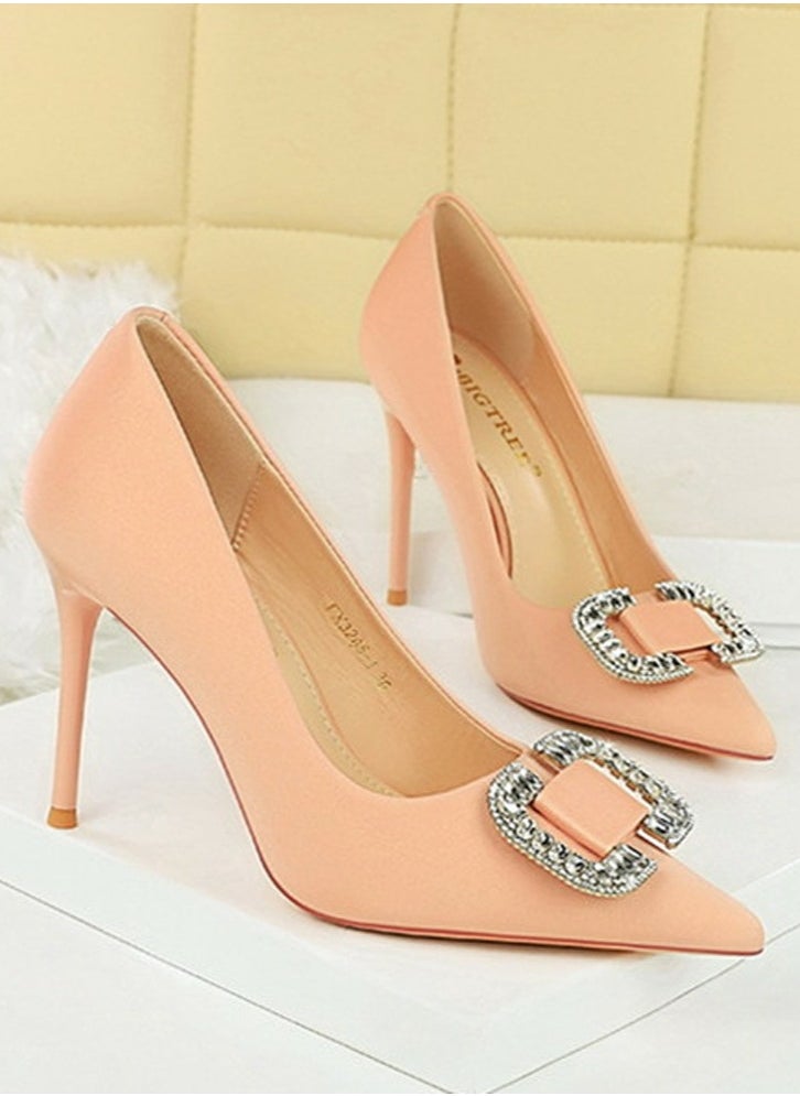 BIGTREE Women's Satin Closed Pointed Toe Stiletto Pump Rhinestone Square Buckle Decoration High Heels Light Pink 10 CM  - Image 2