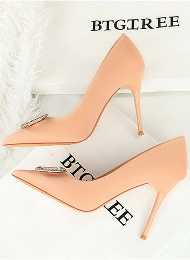 BIGTREE Women's Satin Closed Pointed Toe Stiletto Pump Rhinestone Square Buckle Decoration High Heels Light Pink 10 CM  - Image 3