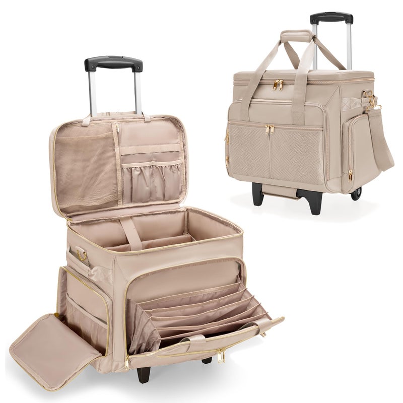 Prokva Rolling Teacher Bag with Wheels, Teacher Tote Bag with Detachable Trolley, Fits for 15.6" Laptop, Light Tan (Patent Design) - Image 1