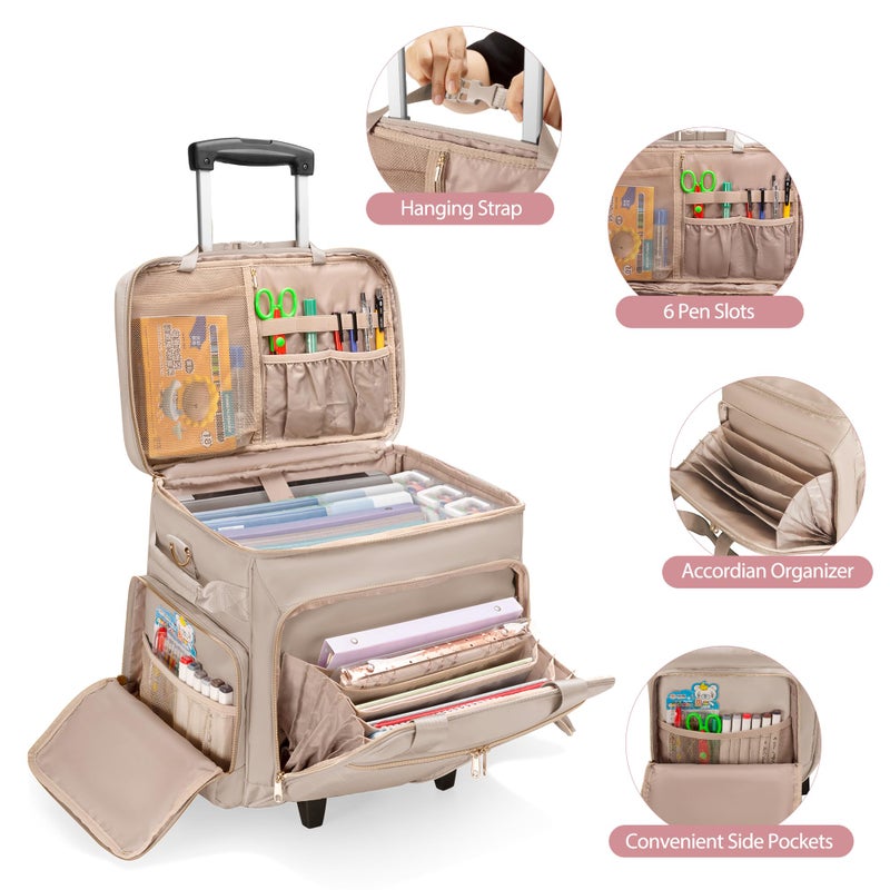 Prokva Rolling Teacher Bag with Wheels, Teacher Tote Bag with Detachable Trolley, Fits for 15.6" Laptop, Light Tan (Patent Design) - Image 3
