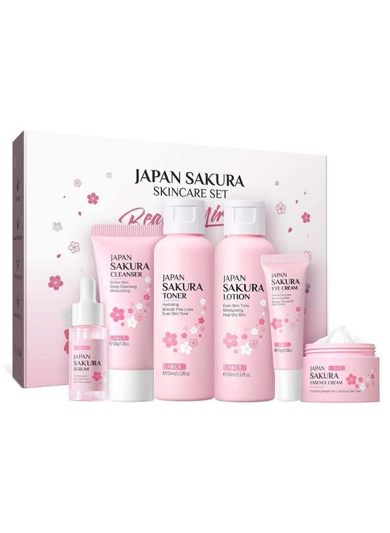 SAKURA 6-Piece Sakura Skin Care Gift Set: Oil Control Cleanser 50g, Serum 17ml, Face Cream 25g, Even Skin Tone Serum 17ml, Moisturizing Toner Lotion 100ml for Glowing Skin - Image 1