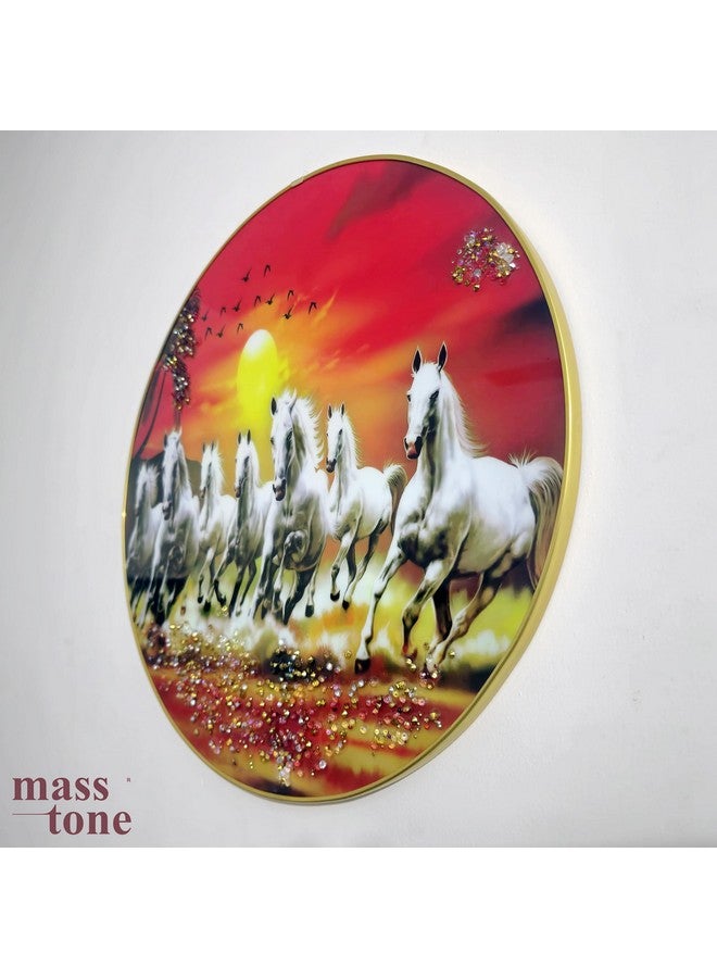 Masstone Vastu Seven Horses Crystal Embedded Gold Strip Round Framed Wall Paintings, 16x16 Inch Size, Pack of 1 - Image 2
