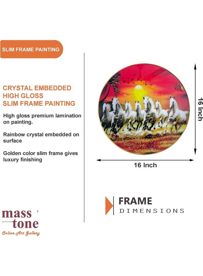 Masstone Vastu Seven Horses Crystal Embedded Gold Strip Round Framed Wall Paintings, 16x16 Inch Size, Pack of 1 - Image 3