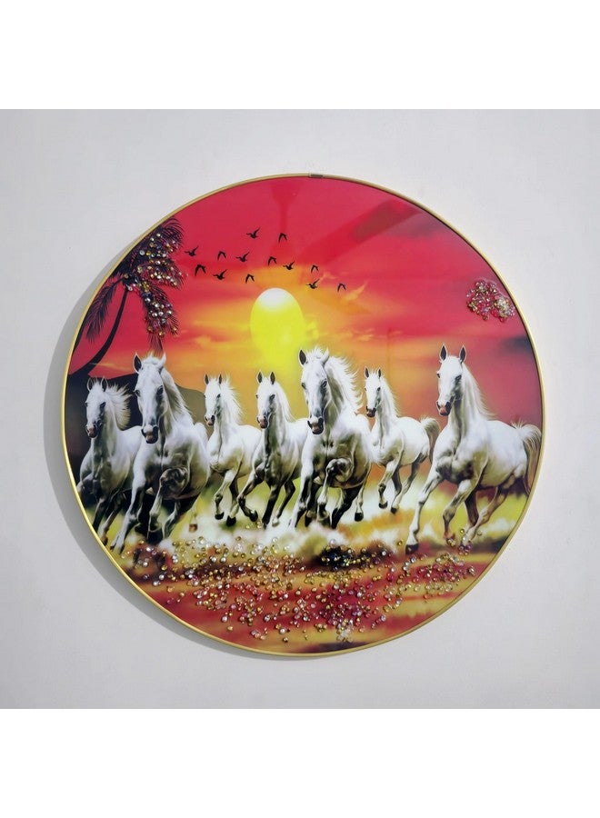 Masstone Vastu Seven Horses Crystal Embedded Gold Strip Round Framed Wall Paintings, 16x16 Inch Size, Pack of 1 - Image 1