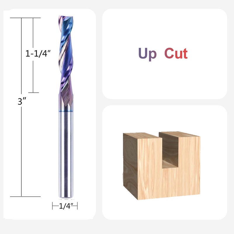SpeTool Upcut Spiral Router Bits 1/4 Inch Shank with Coating, 1-1/4 Inch Cutting Length 3 Inch OVL, Carbide Up Cut Router Bit for CNC Woodworking Inlay Slot Mortise Cutting Carving Engraving - Image 2