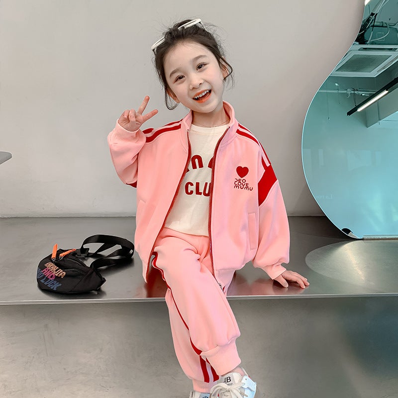 Childrens clothing autumn girls autumn suit childrens long sleeve zipper coat casual pants childrens sportswear two-piece set Pink [two-piece set] - Image 3