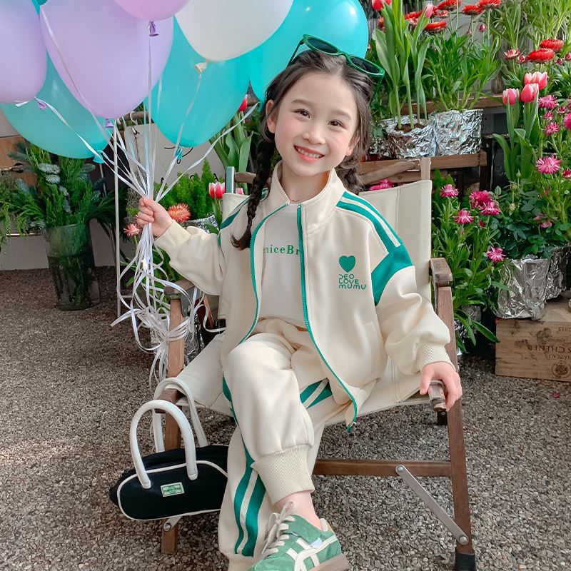 Childrens clothing autumn girls autumn suit childrens long sleeve zipper coat casual pants childrens sportswear two-piece set Pink [two-piece set] - Image 4