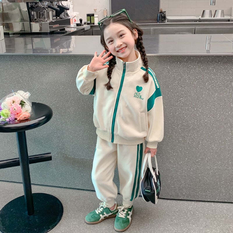 Childrens clothing autumn girls autumn suit childrens long sleeve zipper coat casual pants childrens sportswear two-piece set Pink [two-piece set] - Image 2