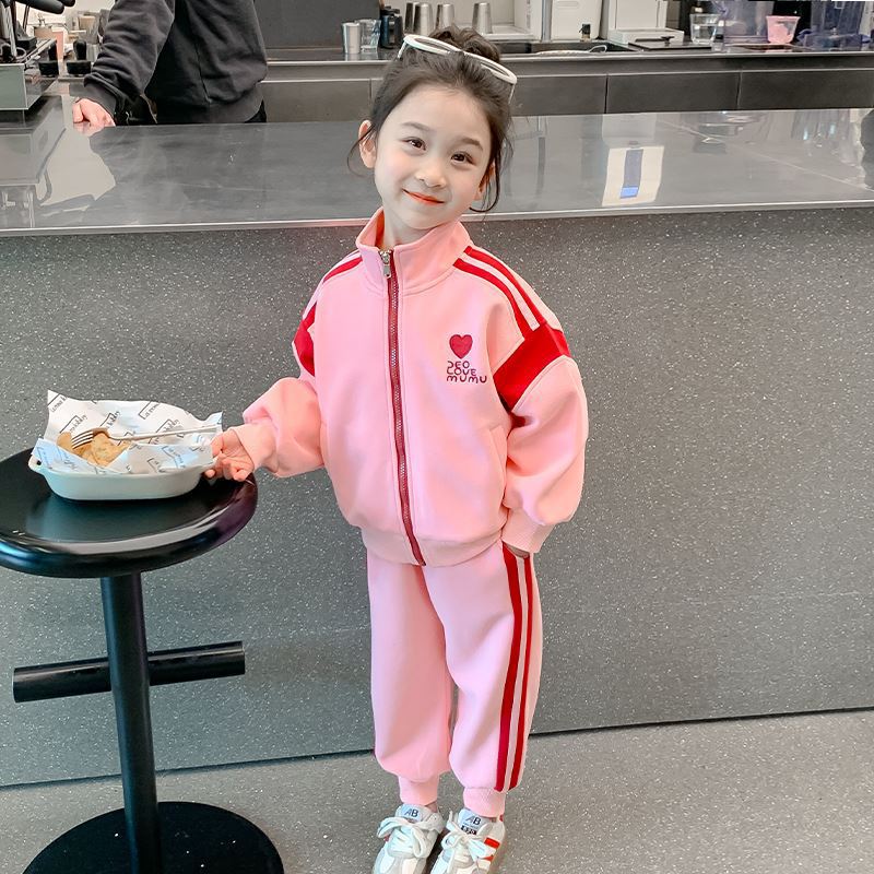 Childrens clothing autumn girls autumn suit childrens long sleeve zipper coat casual pants childrens sportswear two-piece set Pink [two-piece set] - Image 5