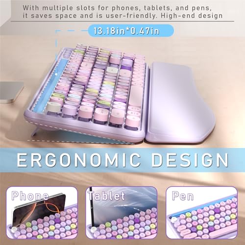 MPTOG Colorful Wireless Computer Keyboard and Mouse Combo with Phone Holder, Wrist Rest, Typewriter Keys, 2.4GHz Wireless, Full-Sized Optical Mouse for PC and Laptop (Purple) - Image 4