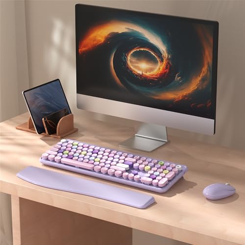 MPTOG Colorful Wireless Computer Keyboard and Mouse Combo with Phone Holder, Wrist Rest, Typewriter Keys, 2.4GHz Wireless, Full-Sized Optical Mouse for PC and Laptop (Purple) - Image 2