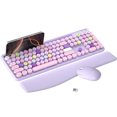 MPTOG Colorful Wireless Computer Keyboard and Mouse Combo with Phone Holder, Wrist Rest, Typewriter Keys, 2.4GHz Wireless, Full-Sized Optical Mouse for PC and Laptop (Purple) - Image 1