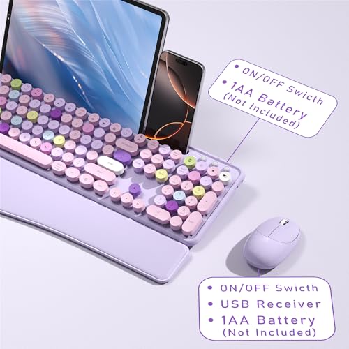 MPTOG Colorful Wireless Computer Keyboard and Mouse Combo with Phone Holder, Wrist Rest, Typewriter Keys, 2.4GHz Wireless, Full-Sized Optical Mouse for PC and Laptop (Purple) - Image 5