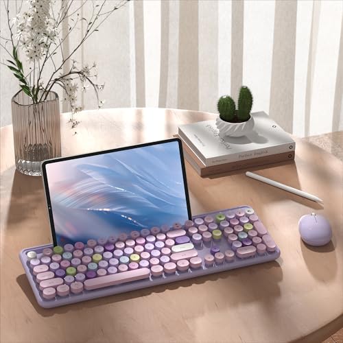 MPTOG Colorful Wireless Computer Keyboard and Mouse Combo with Phone Holder, Wrist Rest, Typewriter Keys, 2.4GHz Wireless, Full-Sized Optical Mouse for PC and Laptop (Purple) - Image 3