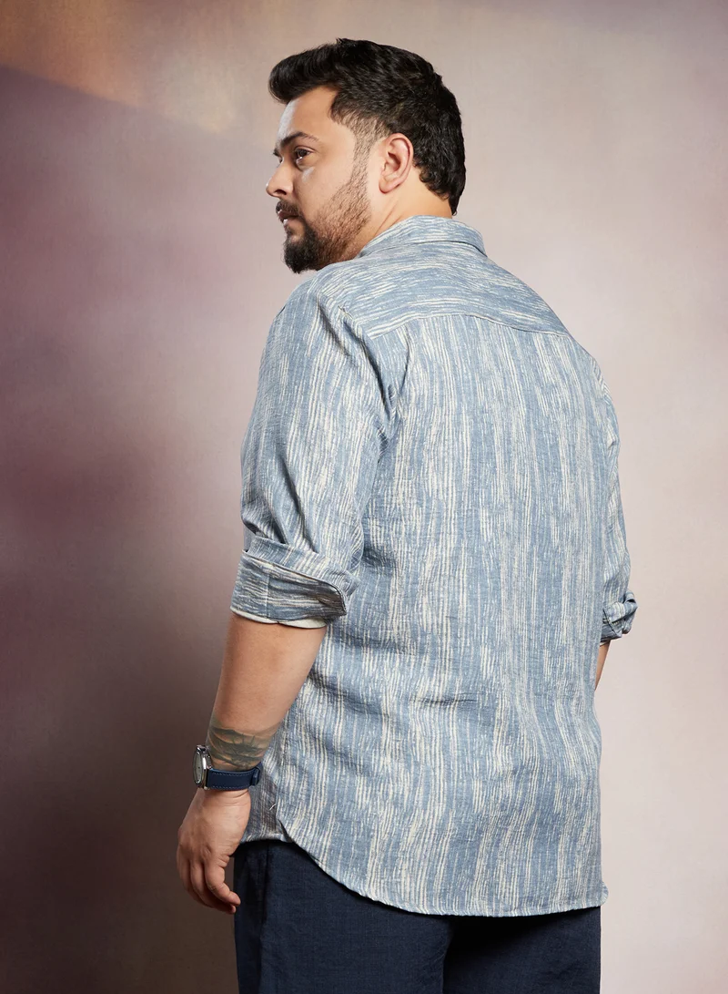 Instafab Plus Instafab Plus Men's Icy Blue & Daisy White Distortion-Weave Shirt For Casual Wear | Spread Collar | Long Cuffed Sleeves | Button Closure | Plus Size Shirt Crafted With Comfort Fit For Everyday Wear