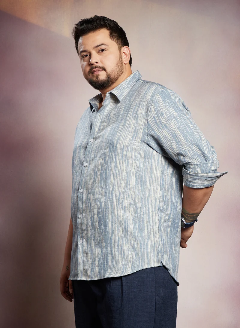 Instafab Plus Instafab Plus Men's Icy Blue & Daisy White Distortion-Weave Shirt For Casual Wear | Spread Collar | Long Cuffed Sleeves | Button Closure | Plus Size Shirt Crafted With Comfort Fit For Everyday Wear