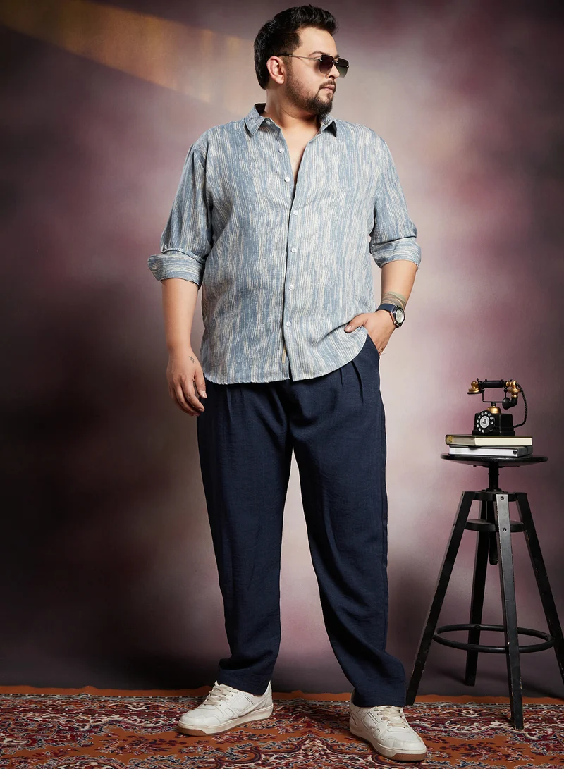 Instafab Plus Instafab Plus Men's Icy Blue & Daisy White Distortion-Weave Shirt For Casual Wear | Spread Collar | Long Cuffed Sleeves | Button Closure | Plus Size Shirt Crafted With Comfort Fit For Everyday Wear