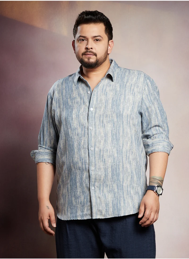 انستافاب بلس Instafab Plus Men's Icy Blue & Daisy White Distortion-Weave Shirt For Casual Wear | Spread Collar | Long Cuffed Sleeves | Button Closure | Plus Size Shirt Crafted With Comfort Fit For Everyday Wear