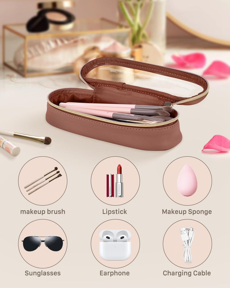 Soimeat Clear Travel Makeup Brush Holder, Leather Makeup Brush Toiletry Bag, Portable Cosmetic Brush Case, Transparent Waterproof Makeup Brush Storage Bag, Brown - Image 2