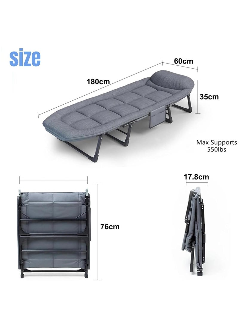 انسجام كرسي استرخاء قابل للطي، سرير تخييم قابل للتعديل بستة زوايا مع مرتبة للمكتب والفناء والشاطئ، سرير قابل للطي محمول ومتين، مستلقٍ مع وسادة 180 × 60 سم - Image 2