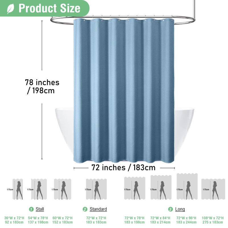 Dynamene Long Fabric Shower Curtain - 78 inch Long Waffle Weave Weighted Cloth Shower Curtains for Bathroom  Heavy Duty Hotel Spa Luxury Bath Curtain Set with 12 Plastic Hooks 72x78  Moonlight Blue - Image 4