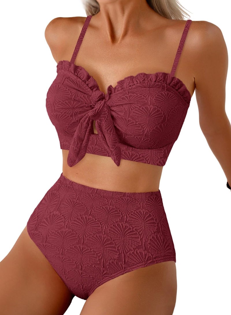 Herseas Women's Seashell Textured Two Piece Bikini Sets Knotted Front Push Up Cutout Swimsuits Ruffle Trim Padded Best Bathing Suits Burgundy Cute Swimwear for Teens Large - Image 1