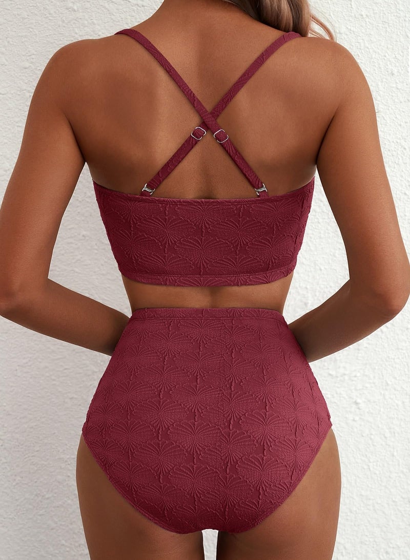 Herseas Women's Seashell Textured Two Piece Bikini Sets Knotted Front Push Up Cutout Swimsuits Ruffle Trim Padded Best Bathing Suits Burgundy Cute Swimwear for Teens Large - Image 2