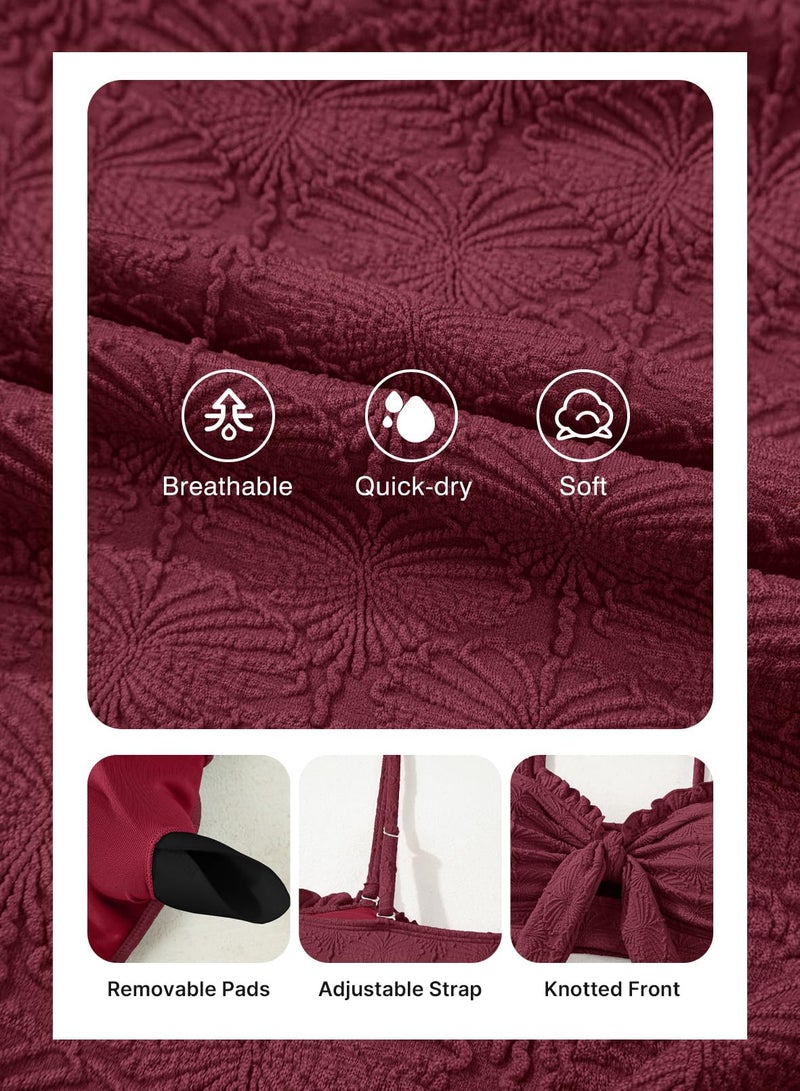 Herseas Women's Seashell Textured Two Piece Bikini Sets Knotted Front Push Up Cutout Swimsuits Ruffle Trim Padded Best Bathing Suits Burgundy Cute Swimwear for Teens Large - Image 5