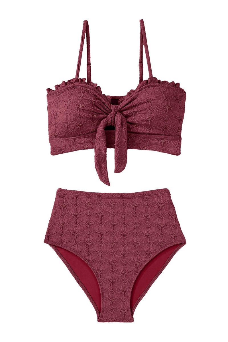 Herseas Women's Seashell Textured Two Piece Bikini Sets Knotted Front Push Up Cutout Swimsuits Ruffle Trim Padded Best Bathing Suits Burgundy Cute Swimwear for Teens Large - Image 4
