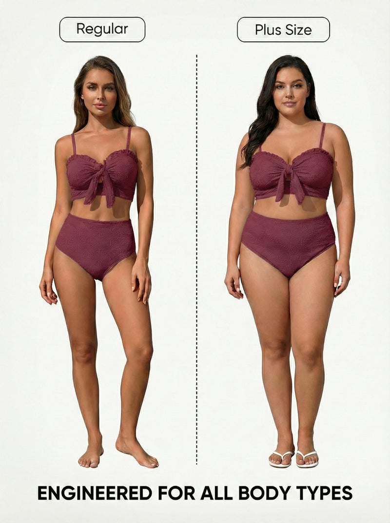 Herseas Women's Seashell Textured Two Piece Bikini Sets Knotted Front Push Up Cutout Swimsuits Ruffle Trim Padded Best Bathing Suits Burgundy Cute Swimwear for Teens Large - Image 3