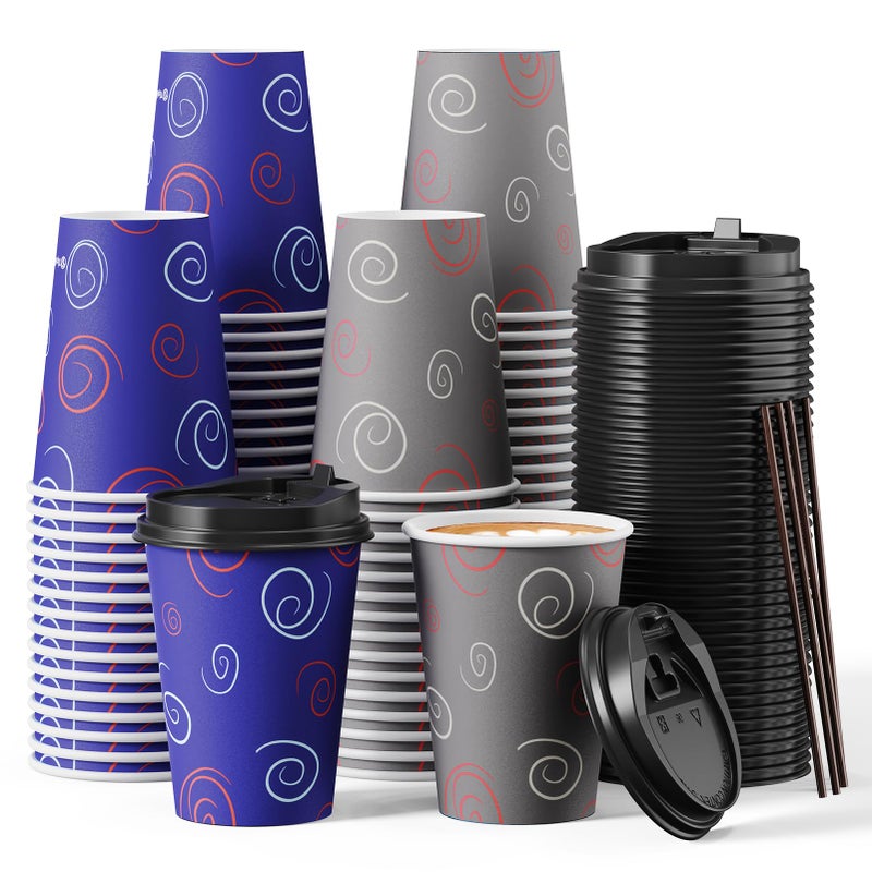 TV TOPVALUE 100 Pack 12 oz Paper Cups Disposable Coffee Cups with Lids and Straws for Drinking Water Tea Used for Home Shops and Cafes