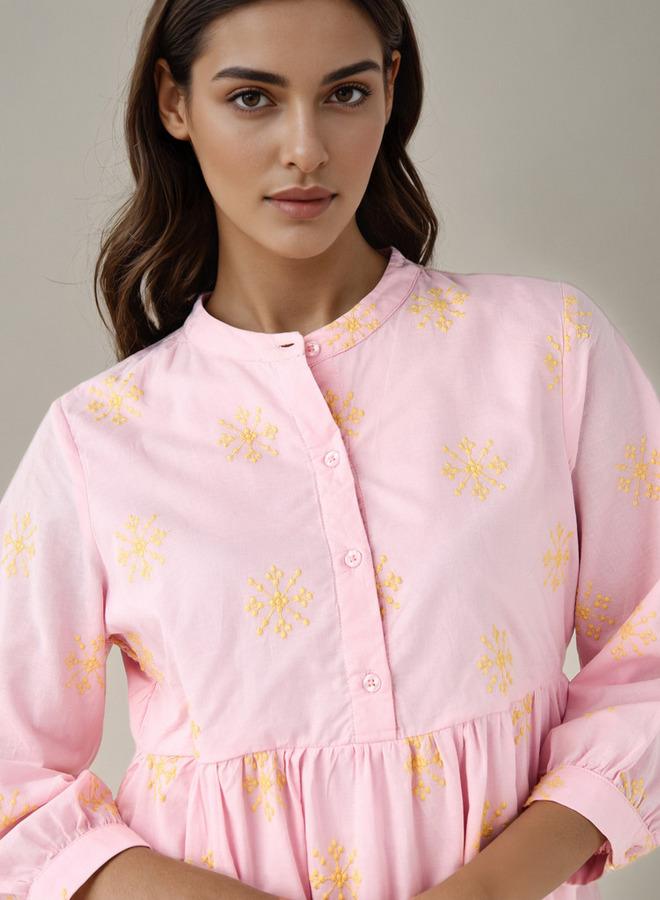 Splash FAV Embroidered Tiered Women Dress with Mandarin Collar Cotton - Image 4